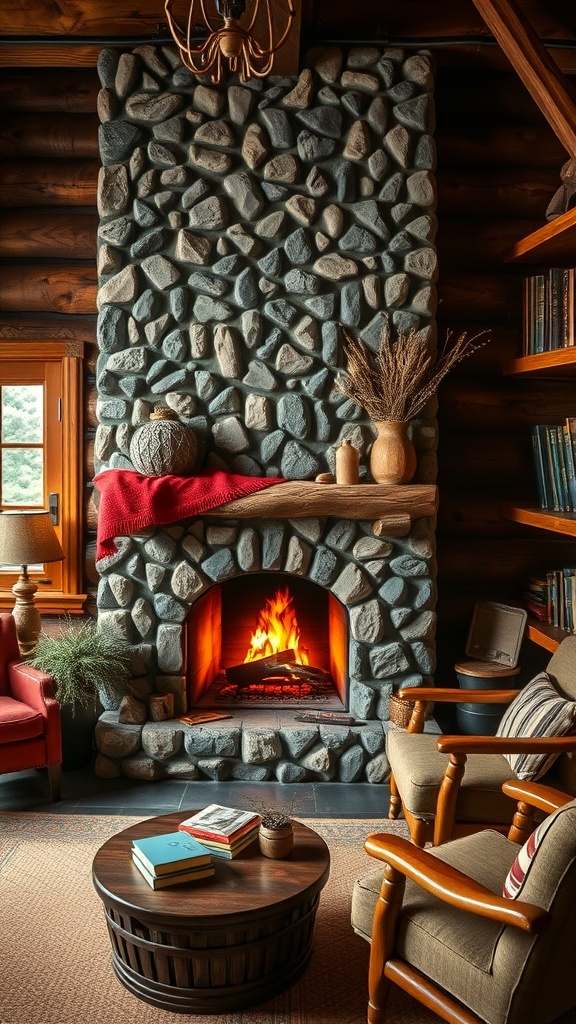 A rustic office with a stone fireplace, warm flames, and comfortable seating.