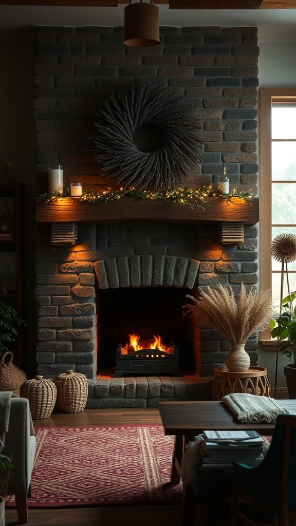 A rustic farmhouse fireplace with soft lighting and decorative elements.