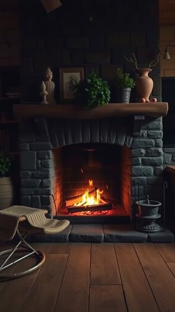 A rustic fireplace with a warm fire, surrounded by plants and decorative items.