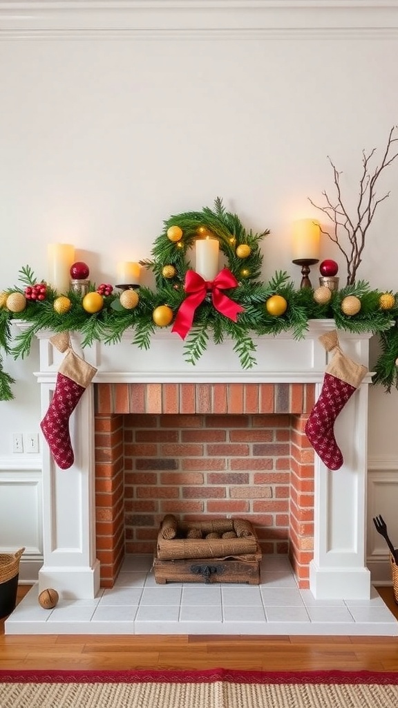 A decorated fireplace mantle with greenery, candles, and stockings.