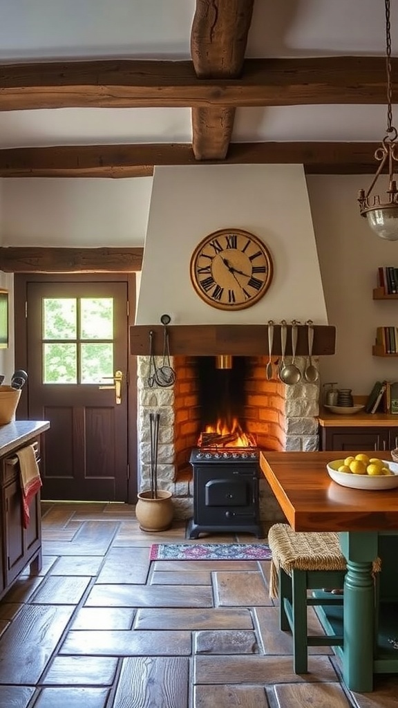 A rustic farmhouse kitchen featuring a wood stove with a warm fire, surrounded by wooden beams and vintage pots.