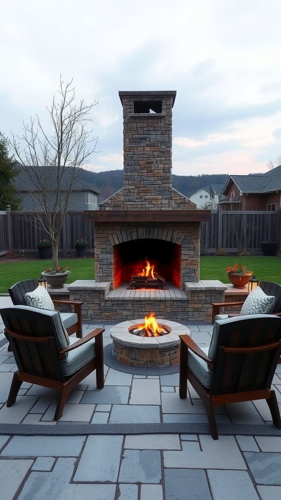A rustic outdoor fireplace with seating, surrounded by a grassy area and houses in the background.