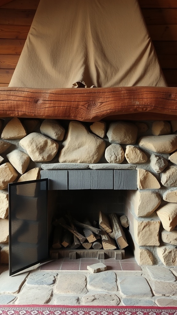 A rustic farmhouse fireplace with a stone surround and a wood log pile inside.