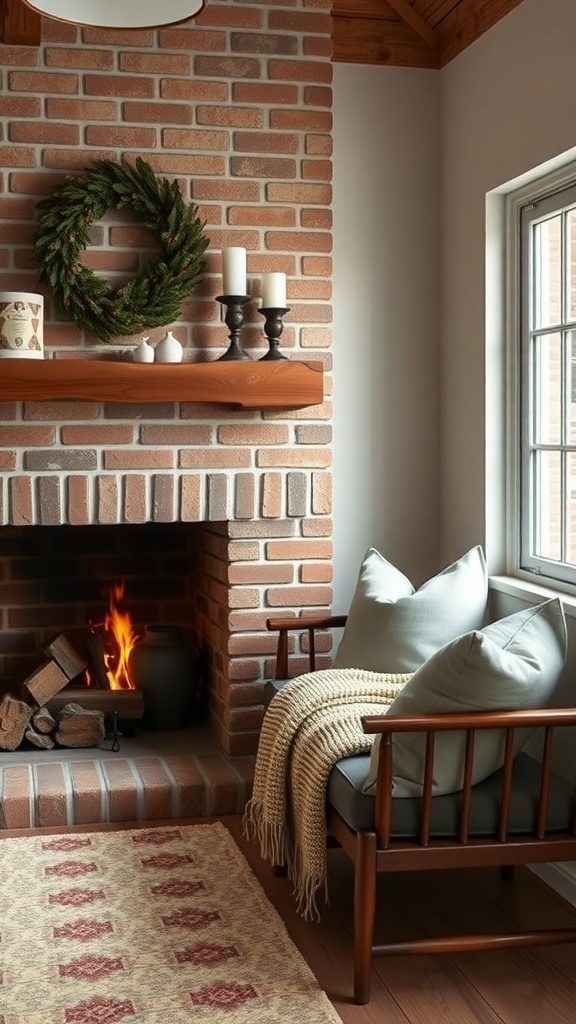 Cozy seating nook by a modern farmhouse fireplace with pillows and a blanket.