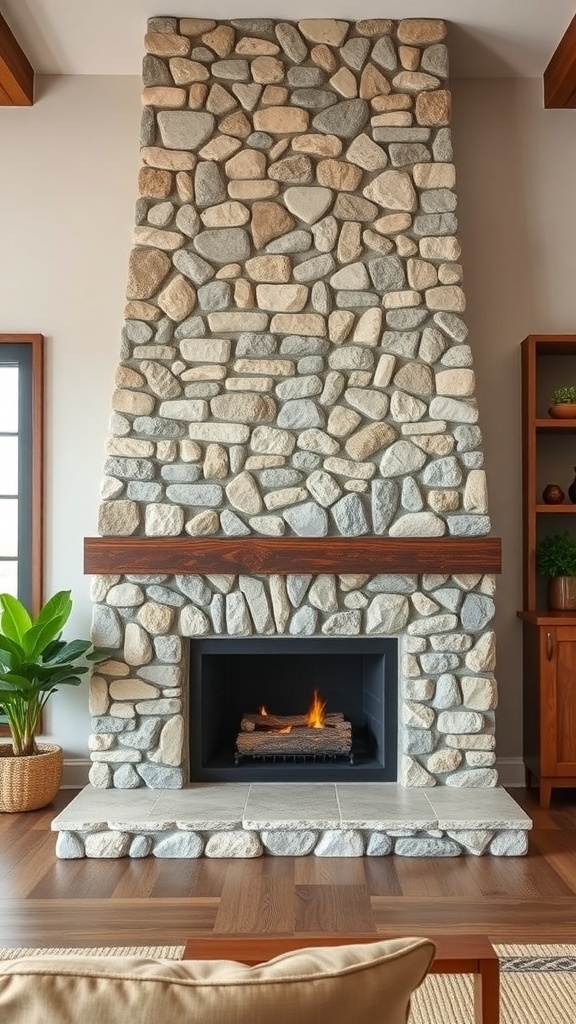 A rustic stone fireplace with a wooden mantel and a modern fire setup.