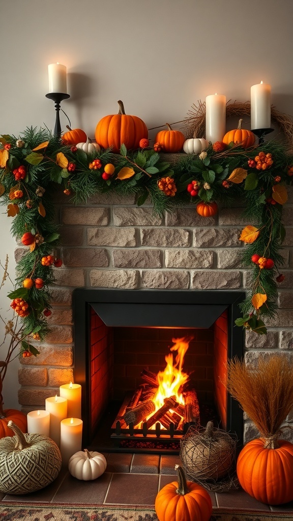 A cozy autumn fireplace decorated with pumpkins, candles, and greenery.