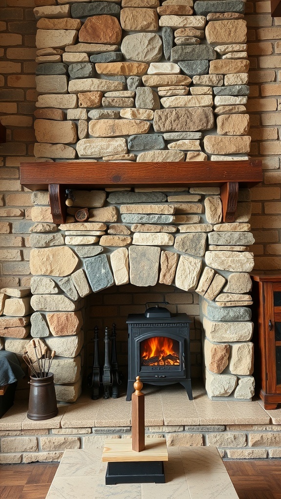 A rustic fireplace with a stone surround and wooden mantel.