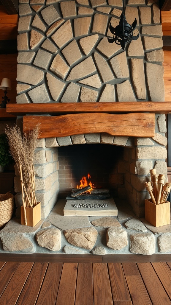 A rustic fireplace made of stone with a wooden mantel, featuring a warm fire and decorative elements.