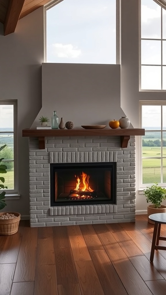Modern farmhouse fireplace with large windows and a view