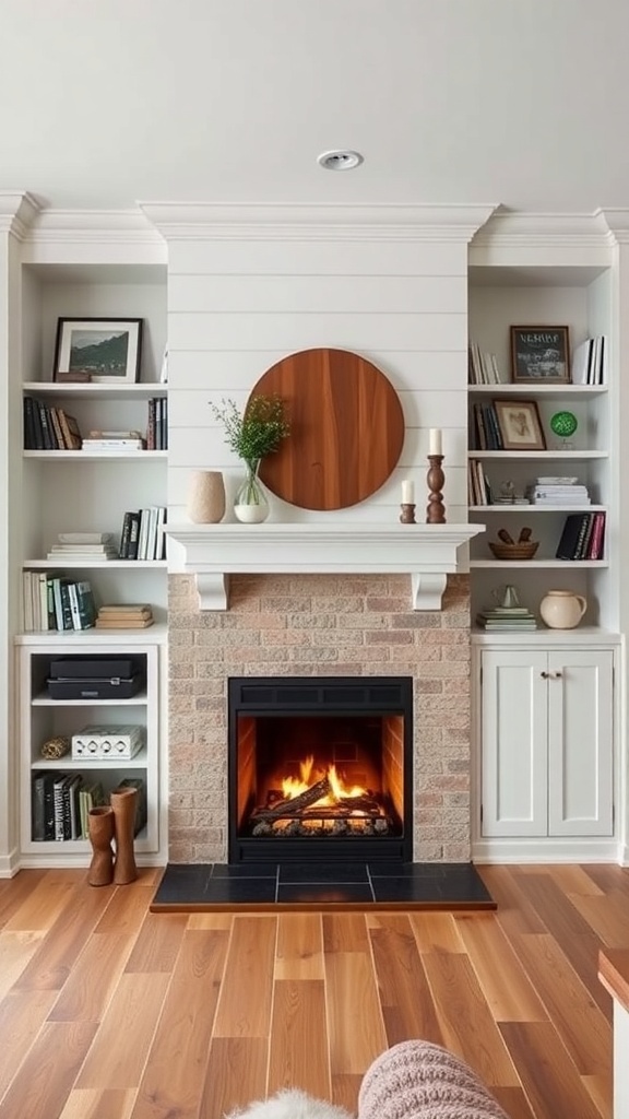 Modern farmhouse fireplace with built-in shelving and warm flames.