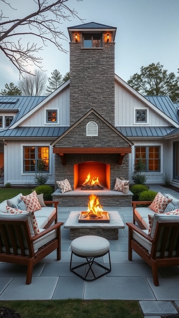 A modern farmhouse outdoor area featuring a stone fireplace surrounded by seating.