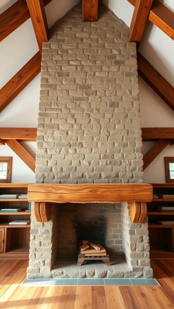 A rustic fireplace with wooden beams and stone structure in a farmhouse setting.