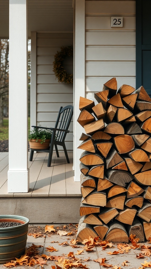 A cozy porch with a neatly stacked pile of firewood, a chair, and potted plants.