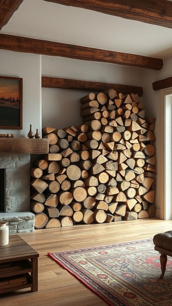 A rustic living room featuring a stacked firewood display against a wall, enhancing the cozy atmosphere.