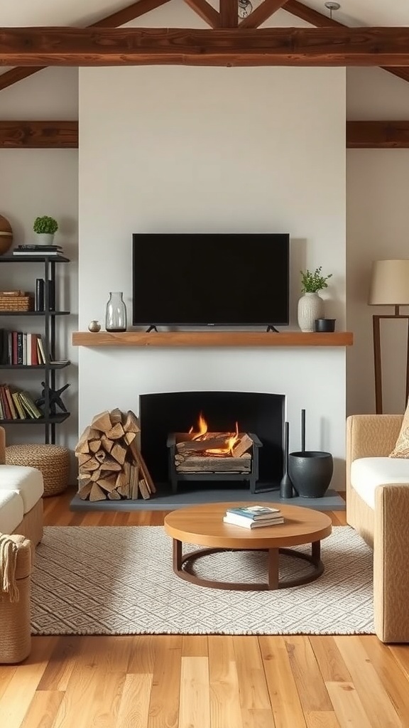 Cozy cottage living room with a fireplace and firewood storage.
