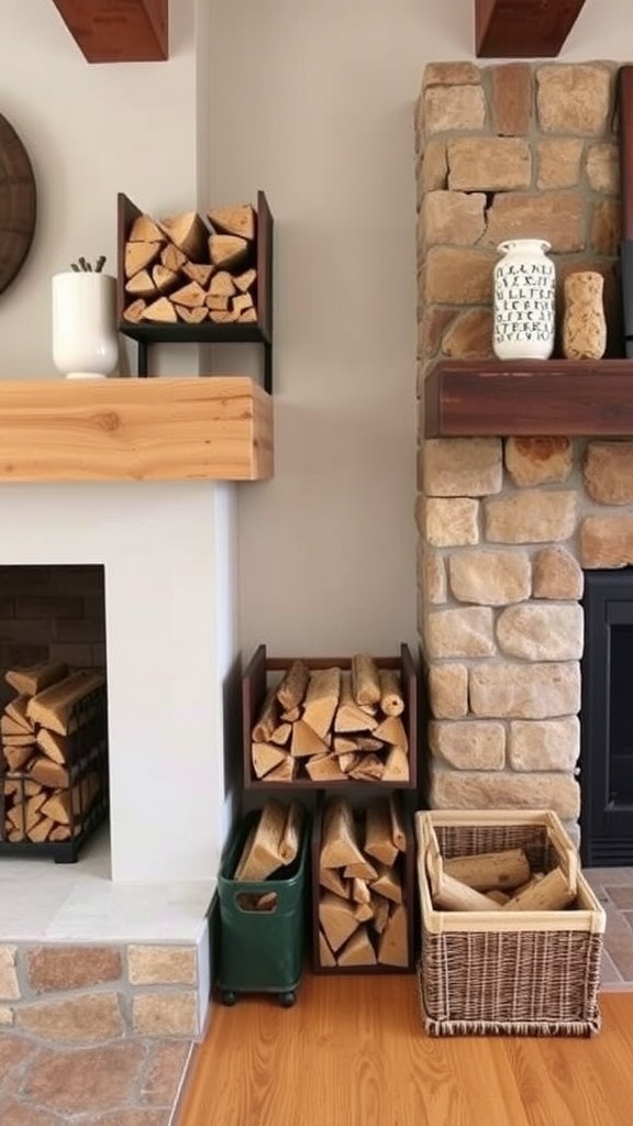 A rustic fireplace with neatly stacked firewood in a metal rack and wooden crates.