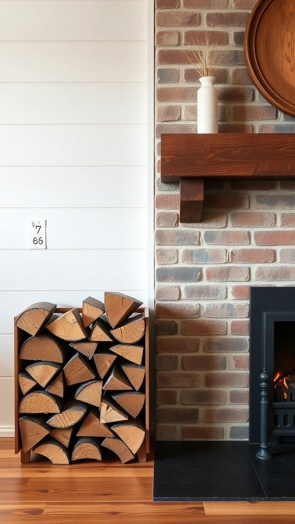 A modern wood storage rack filled with neatly stacked firewood next to a rustic fireplace.