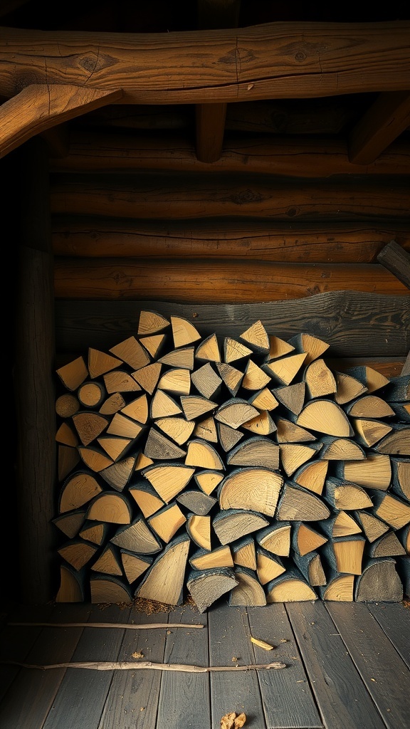 A neatly stacked pile of firewood inside a rustic cabin.
