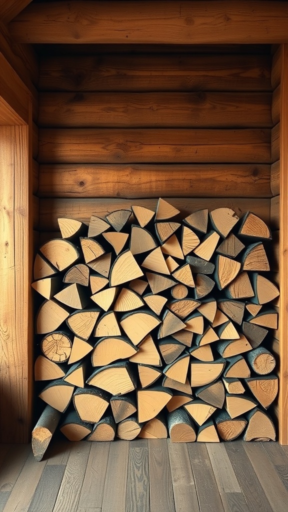 Neatly stacked firewood in a mountain cabin setting.