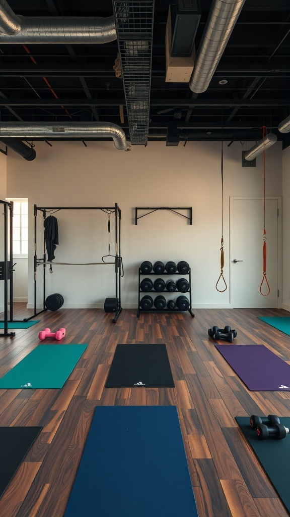 A well-organized fitness and yoga studio with exercise mats and weights.