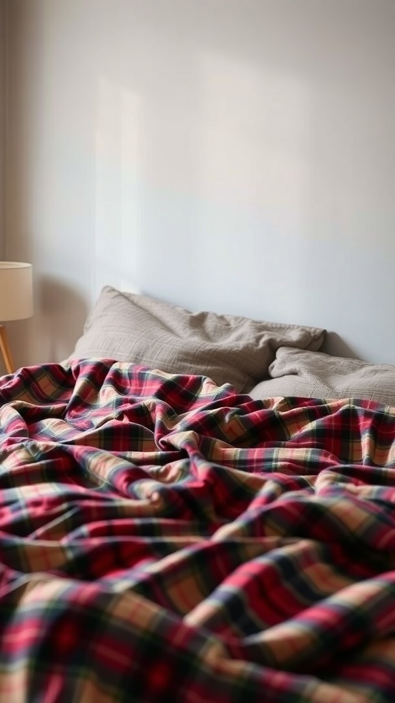 Cozy bed with plaid flannel sheets and soft pillows