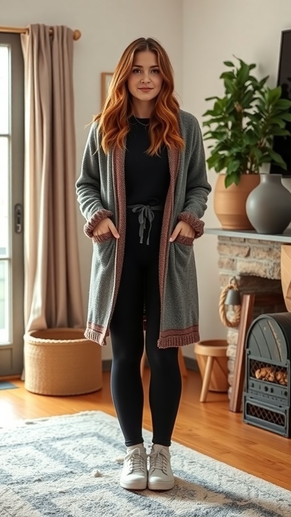 A woman wearing fleece-lined leggings and a long cardigan, standing in a cozy living room.
