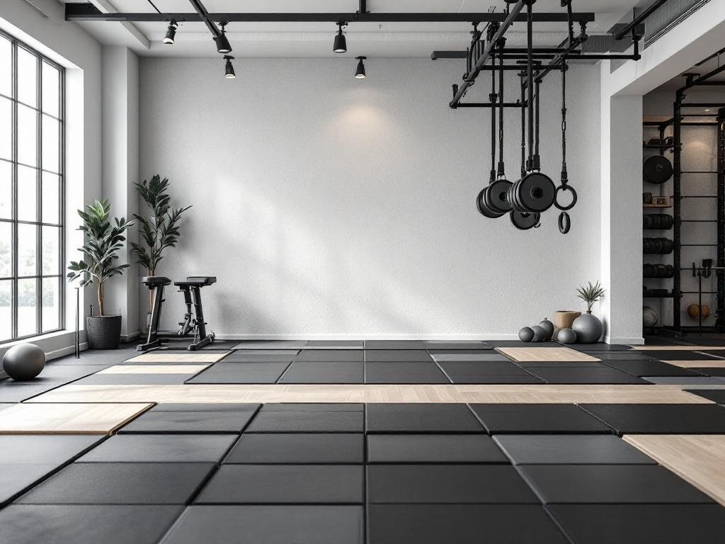 Modern home gym with a mix of black mats and light wood flooring, featuring workout equipment and plants.