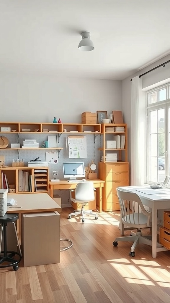 A bright craft room with flexible furniture options, featuring a desk, chairs, and modular shelving.