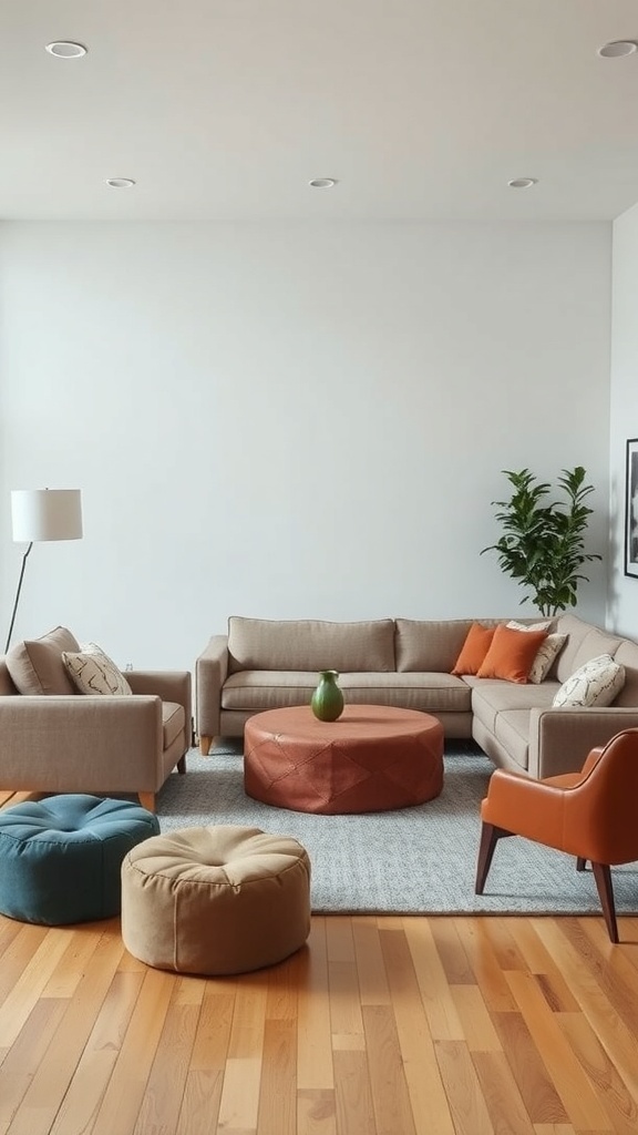 A cozy living room with a mix of seating options including a sofa, chairs, and poufs.