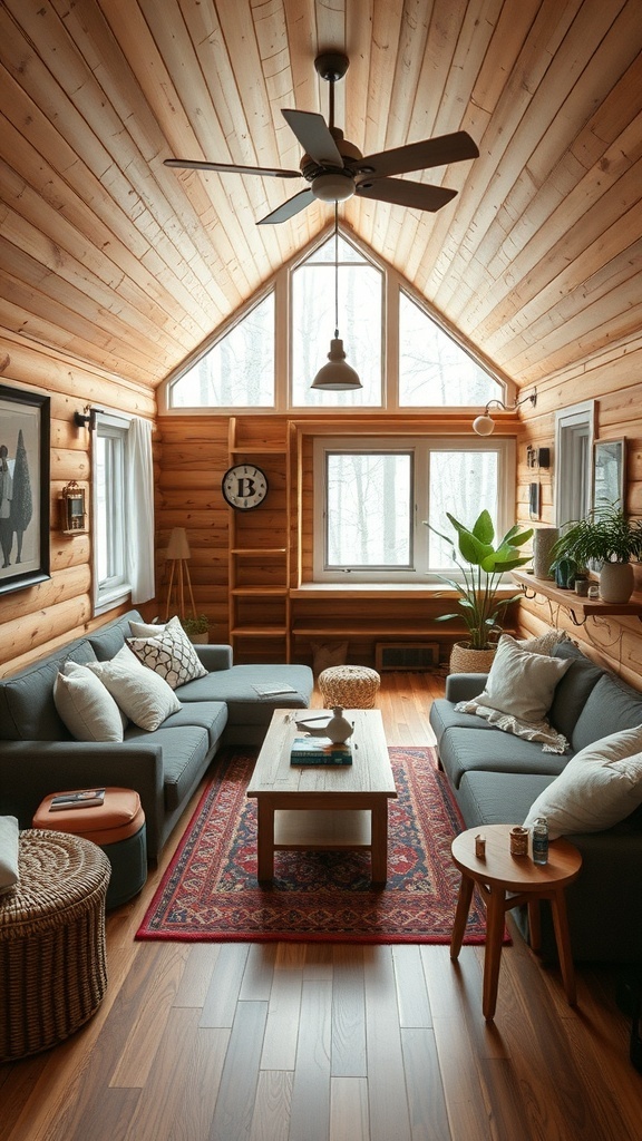 Interior of a tiny cabin featuring a cozy living area with comfortable seating and a warm wooden aesthetic.