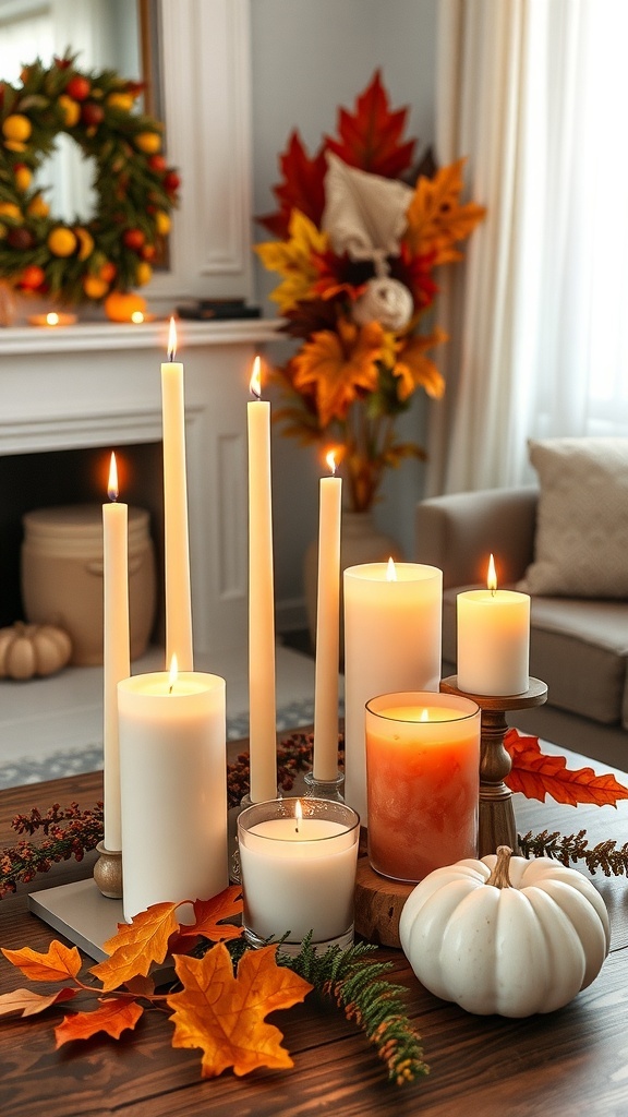 A cozy fall candle arrangement with various candles, autumn leaves, and a white pumpkin.
