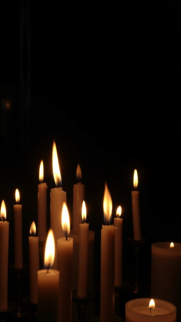 A collection of flickering candles in various heights, creating a warm glow against a dark background.