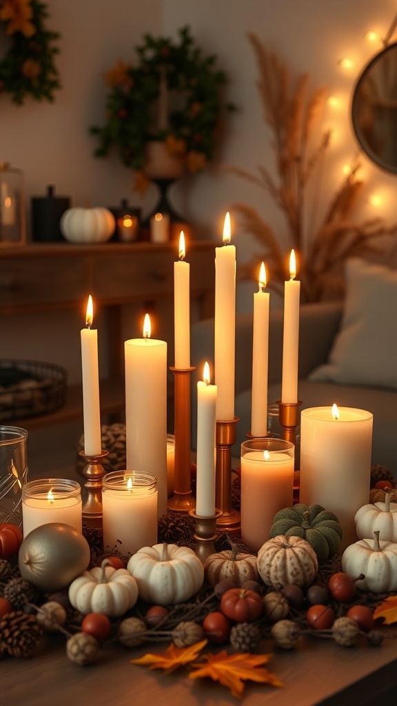 A cozy Halloween living room display featuring various candles, pumpkins, and autumn decorations.