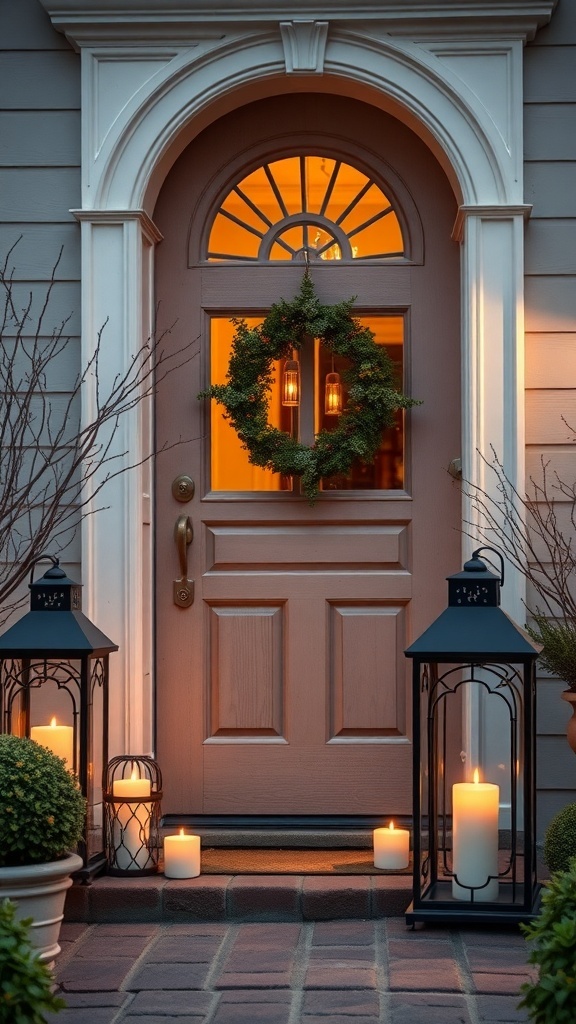 A front door decorated for Halloween with flickering candle lanterns and a wreath.