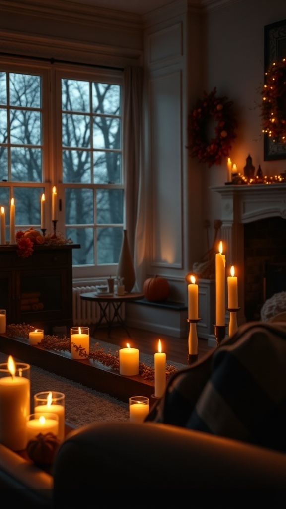 A cozy room filled with flickering candles, pumpkins, and autumn decorations, creating a warm atmosphere.
