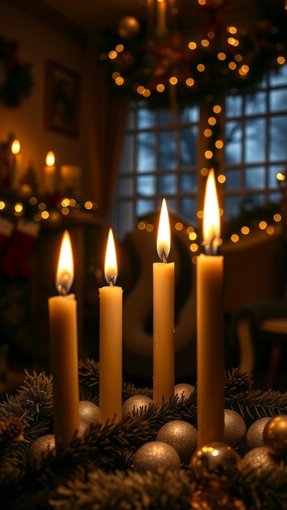 Four lit candles surrounded by pine and ornaments in a cozy winter setting.