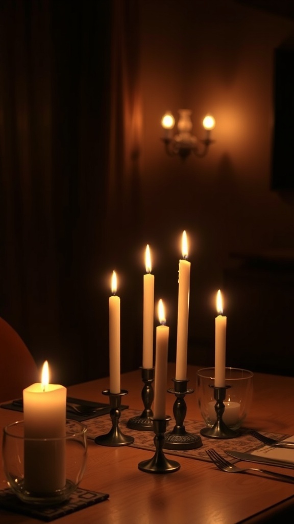 A table set with flickering candles and a warm atmosphere.