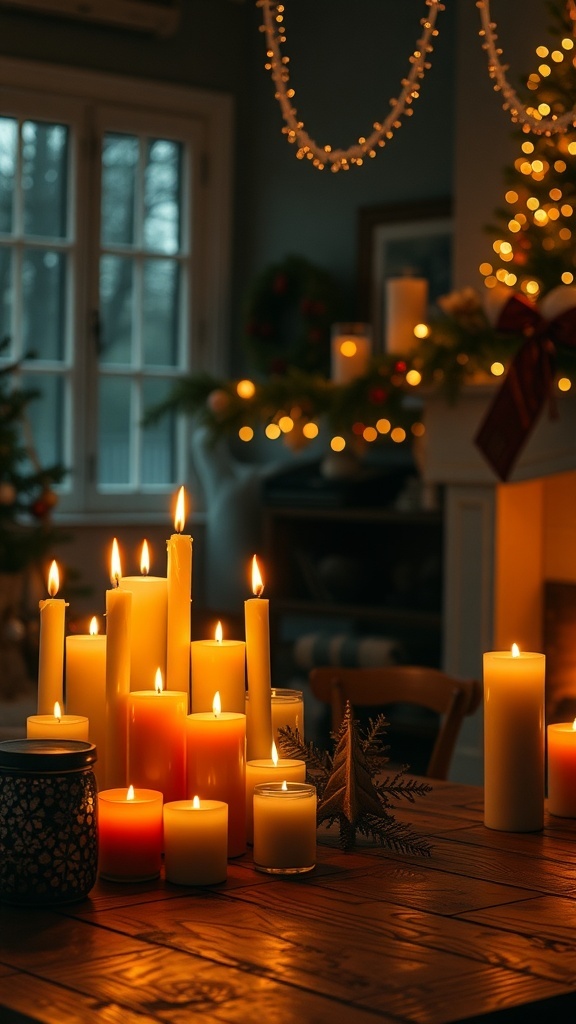 A collection of flickering candles on a wooden table, creating a warm and cozy atmosphere.