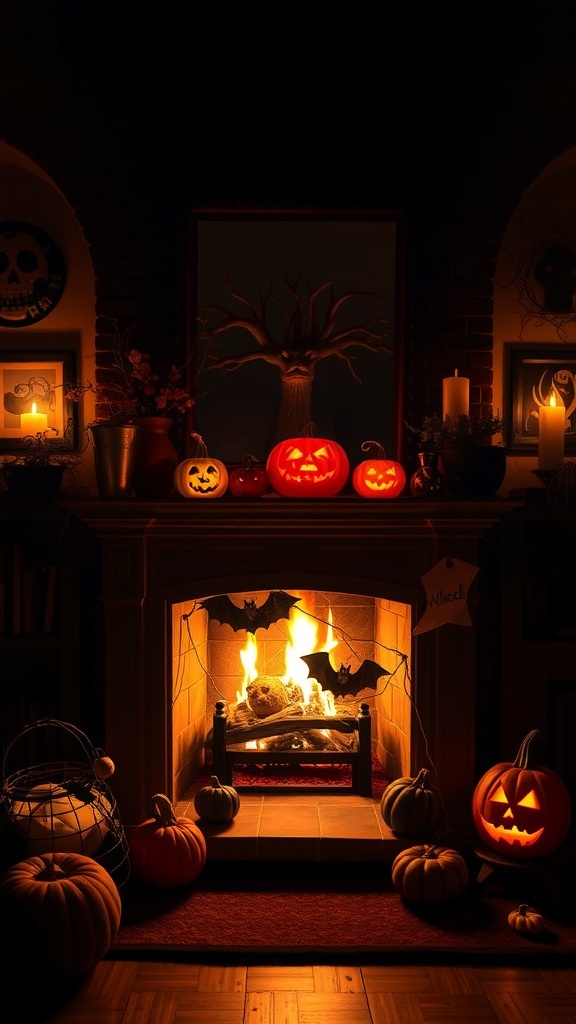 A cozy Halloween fireplace with carved pumpkins, flickering fire, and decorative bats.