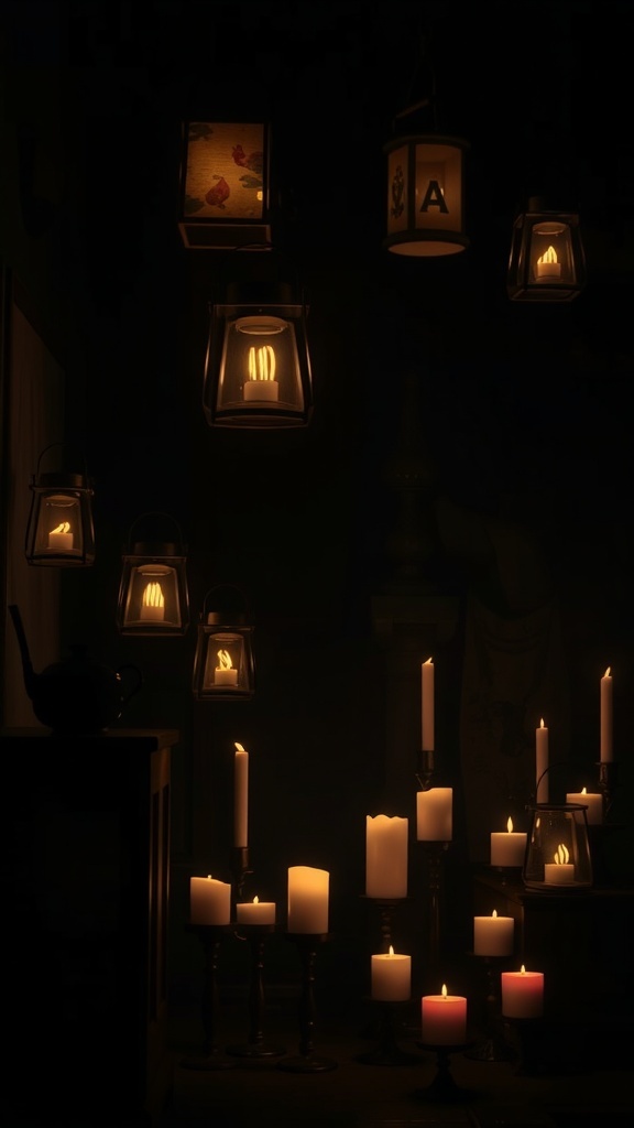 A collection of flickering lanterns and candles in a dark setting, creating a warm and spooky atmosphere.