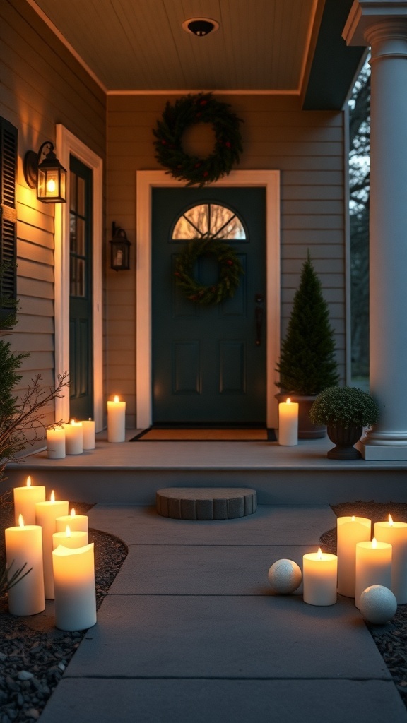 A cozy porch decorated with flickering LED candles and a wreath
