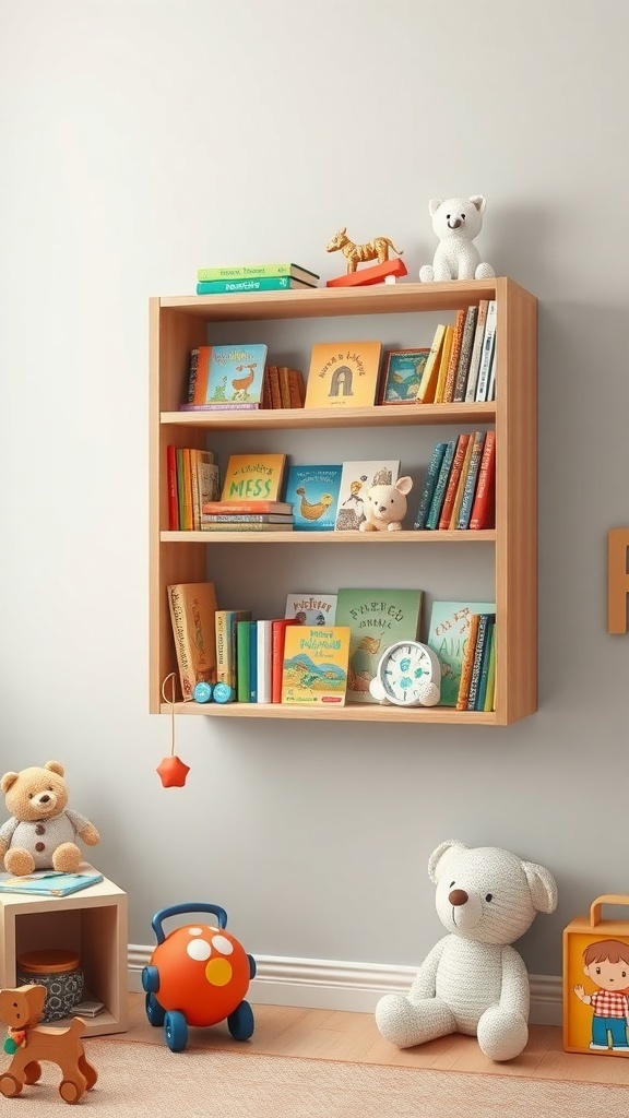 A wooden floating bookshelf filled with colorful children's books and toys in a cozy kids' room.
