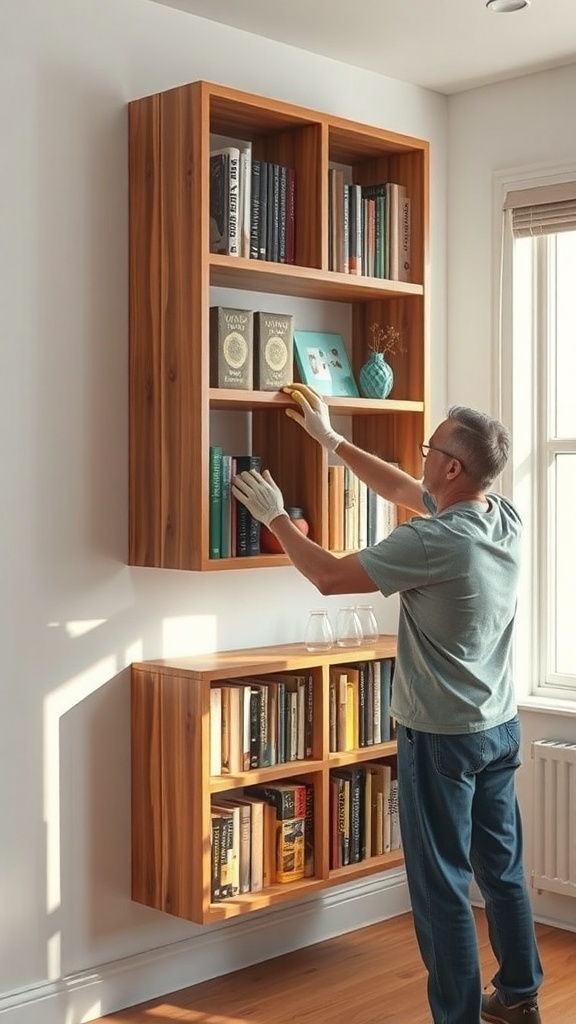 A person maintaining a floating bookshelf, organizing books and decor.
