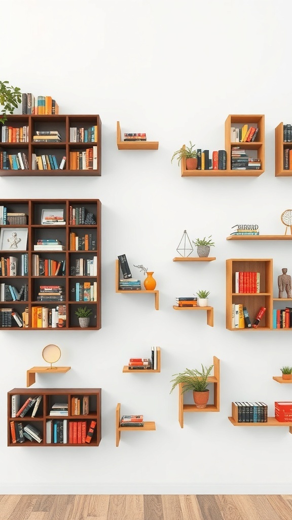 A creative arrangement of floating bookshelves with books and plants.