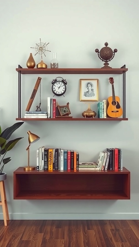 A stylish floating bookshelf displaying books and collectibles, including a clock, globe, and a guitar.