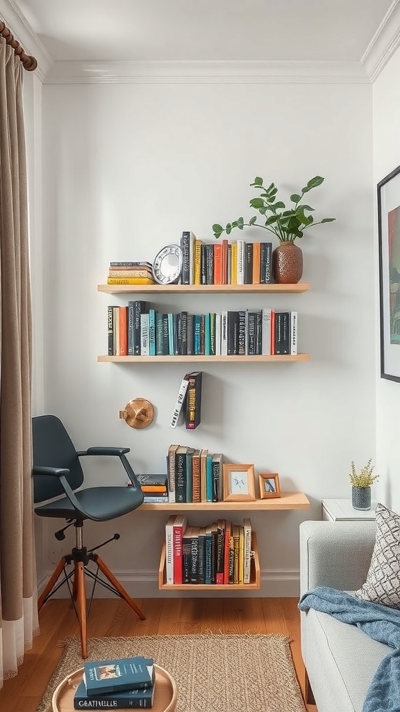 A cozy reading corner featuring floating bookshelves with colorful books, a chair, and decorative items.