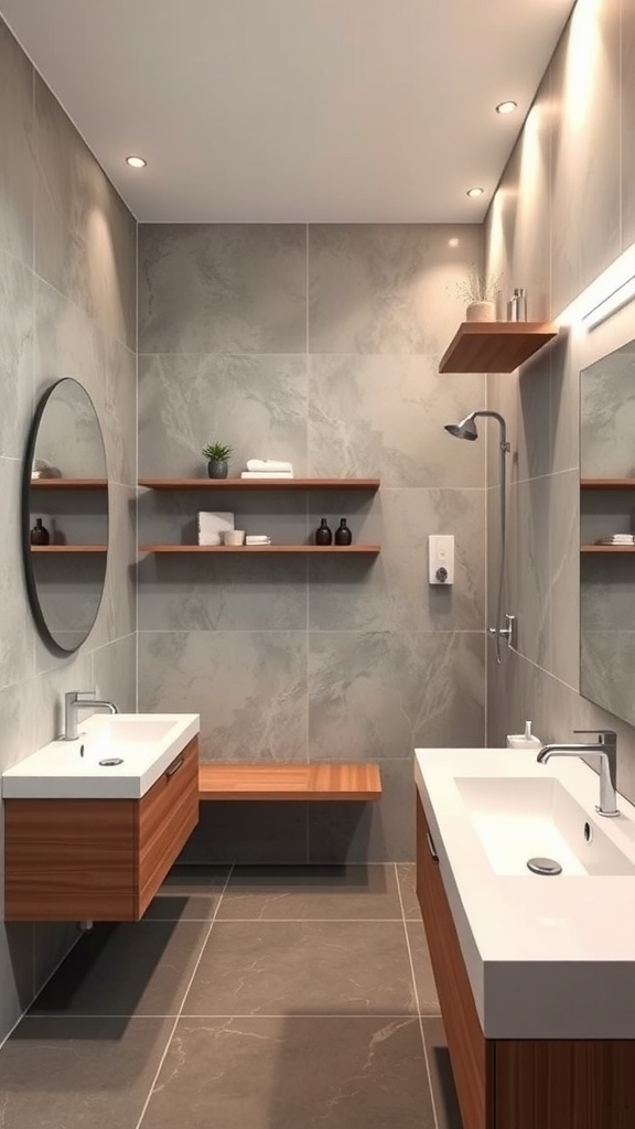 Modern bathroom with floating fixtures, including a vanity and shelves, featuring gray tiles and warm wood accents.