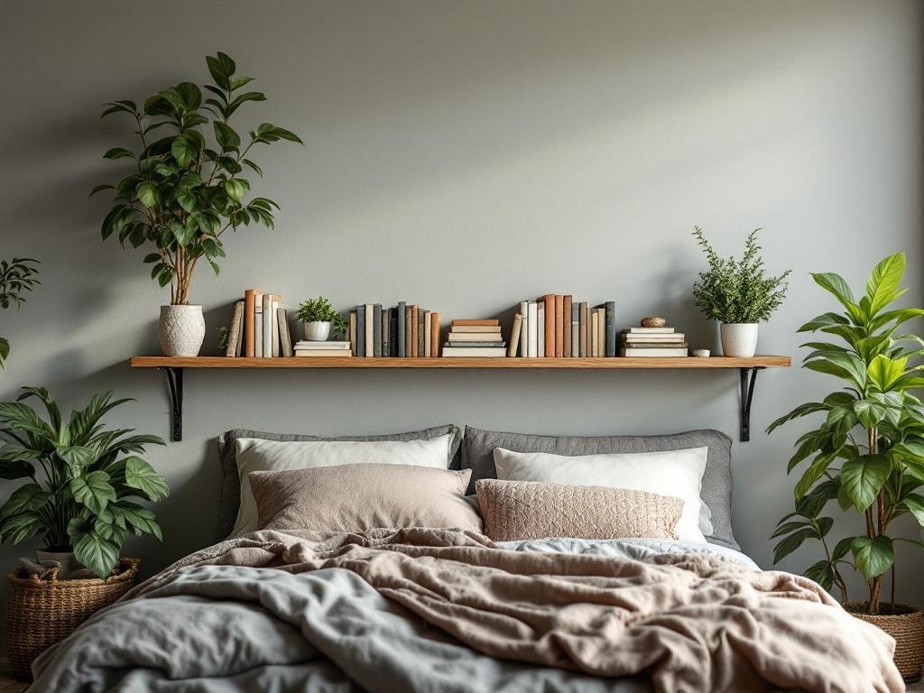 A cozy bedroom featuring a wooden floating shelf above the bed, decorated with books and plants.