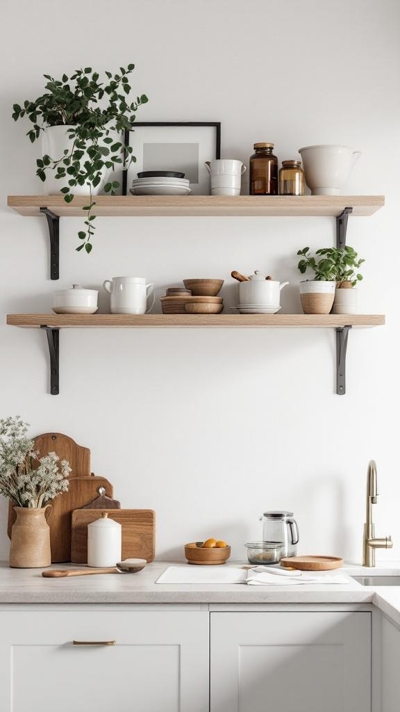 Floating wooden shelves with plants and kitchenware on a white wall.