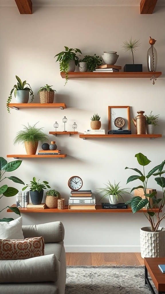 A living room wall with floating wooden shelves displaying plants, books, and decorative items.